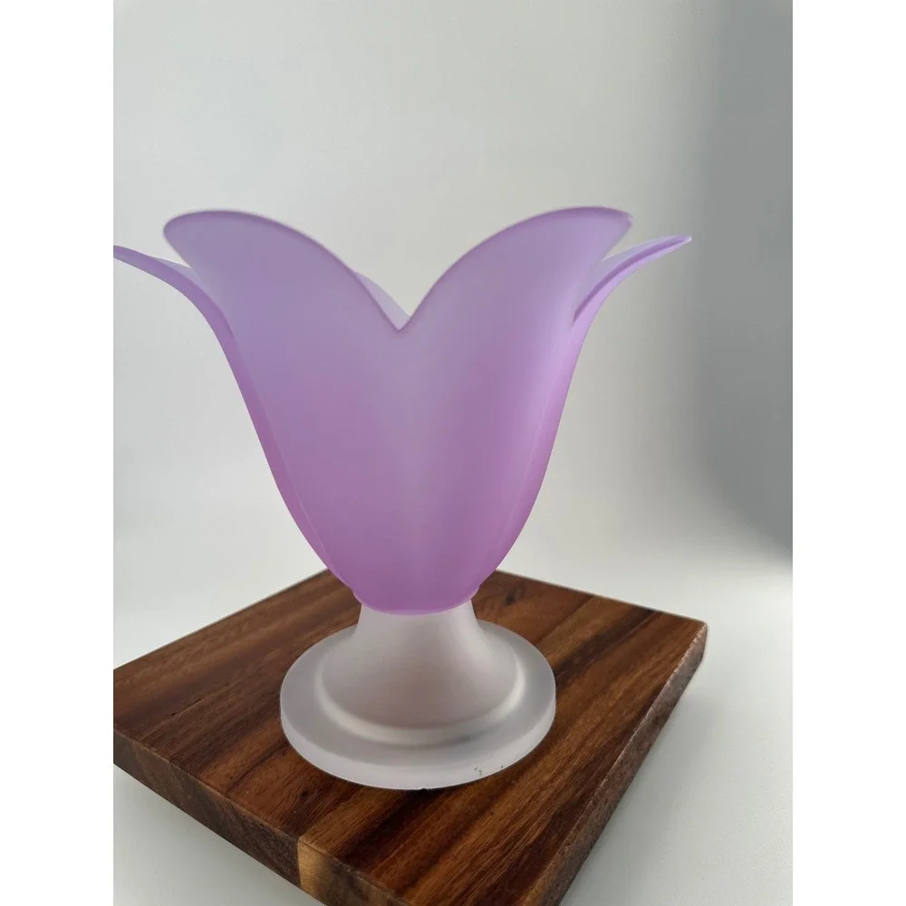 Frosted Purple Glass Tulip Vase Lavender Scalloped Petal Flower Pedestal 6.75